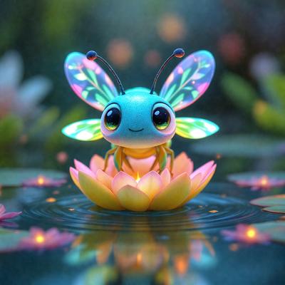 The primary subject of the image is a small, colorful butterfly figurine sitting on top of a flower. The setting is a pond, with a few flowers surrounding the butterfly. The visual style is a combination of digital art and illustration, creating a whimsical and vibrant scene. The colors and mood are predominantly bright and cheerful, with the butterfly and flowers adding a sense of playfulness and joy to the image.